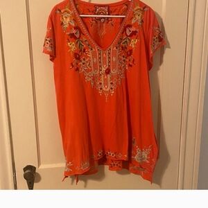 Floral Embroidered V-Neck Tunic in Orange